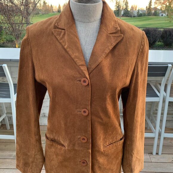 Vintage Bagatelle Camel Suede Leather Long Midi Overcoat Blazer Trench Coat - Picture 2 of 16